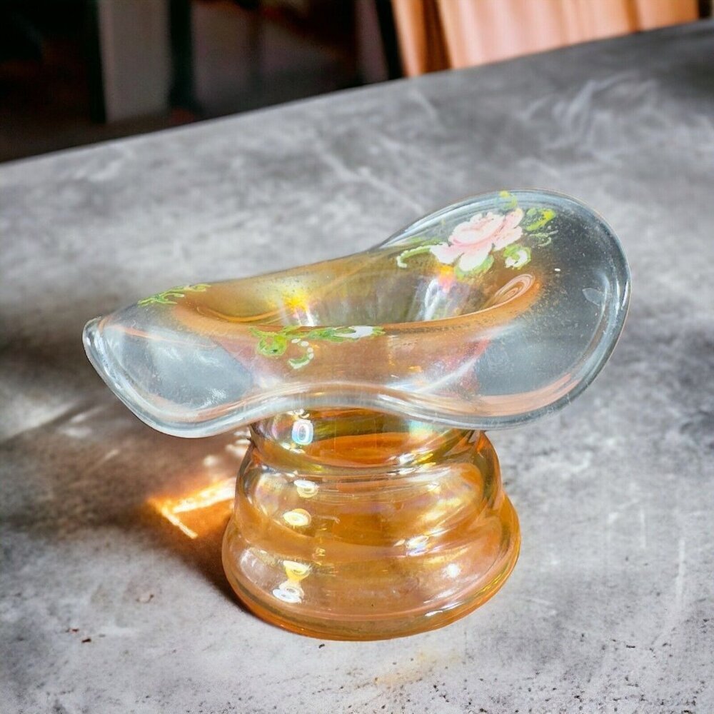 Hand Painted Luster Hat Shaped Glass Trinket Dish Bowl‎ Whimsical Floral Vintage